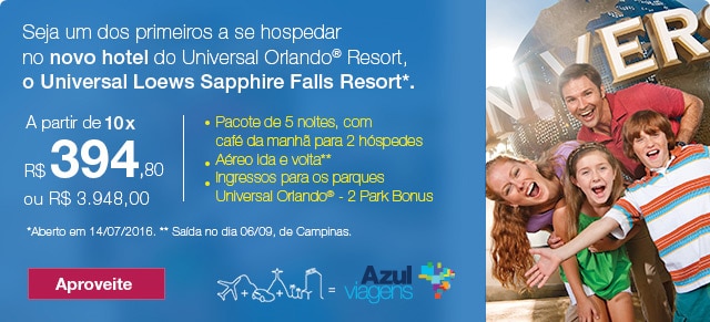 Seja um dos primeiros a se hospedar
no novo hotel do Universal Orlando® Resort, 
o Universal Loews Sapphire Falls Resort*.