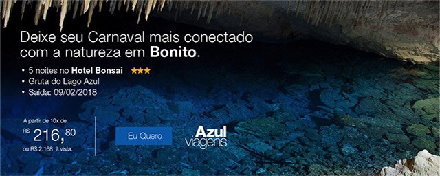 Deixe seu Carnaval mais conectado com a natureza de Bonito. 5 noites no Hotel Bonsai. Gruta do Lago Azul. Saída: 09/02/2018