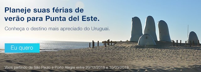 Planeje suas férias de verão para Punta del Este. Conheça o destino mais apreciado do Uruguai. Eu quero. Voos partindo de São Paulo e Porto Alegre entre 20/12/2018 e 10/03/2019.